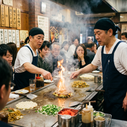 Two chefs cooking flaming okonomiyaki and noodles on a crowded teppanyaki grill
